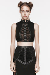 Black Stand Collar Sleeveless Stitching Lace-Up Ripped Women's Punk Tank Top